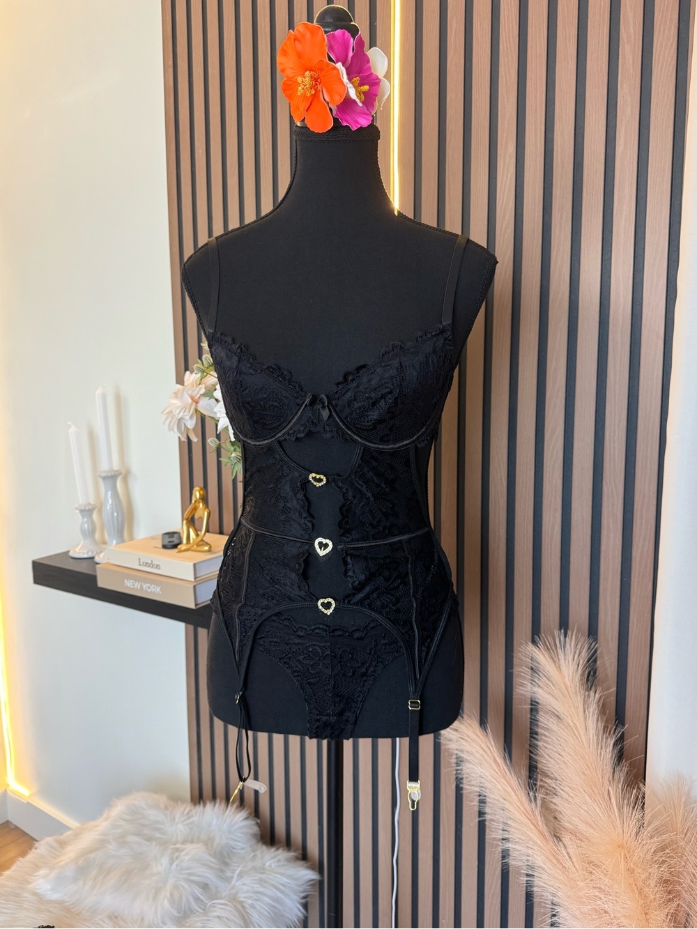 Black Lace Underwire Bustier with Heart Detailing